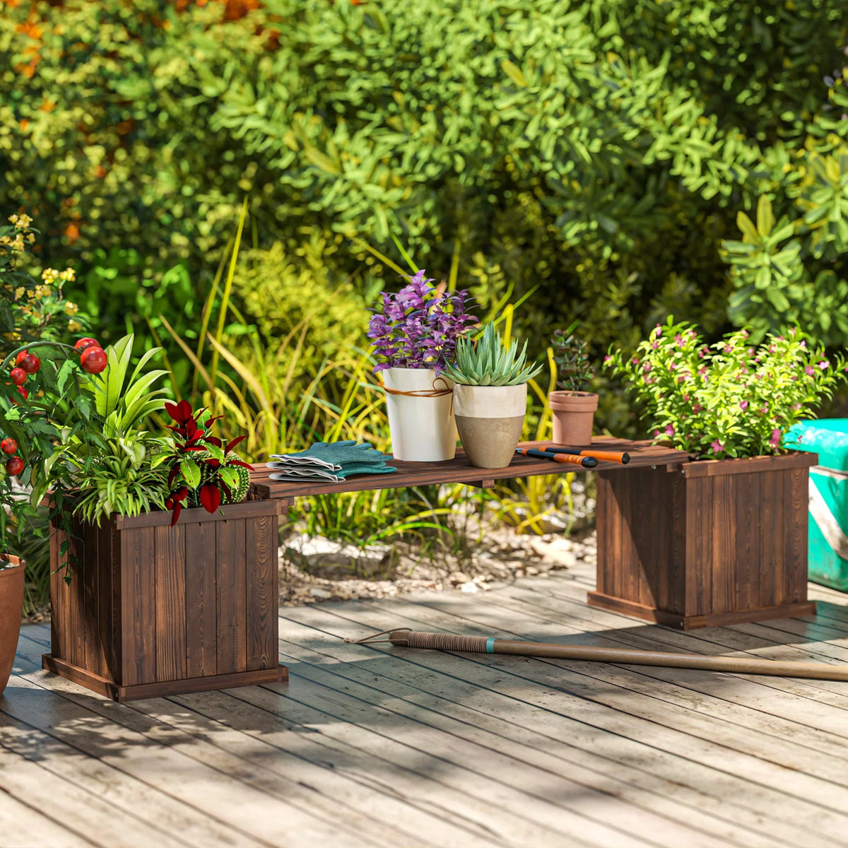 Wooden raised planter bench with two planter boxes and flat slatted tabletop for plants