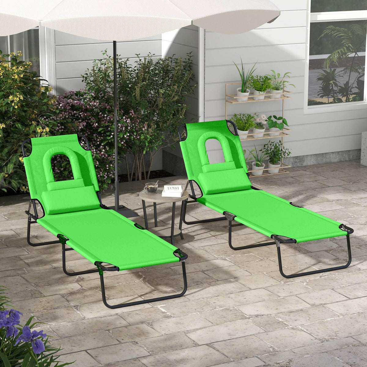 Vibrant green adjustable folding sun lounger set with comfort pillow and black metal frame