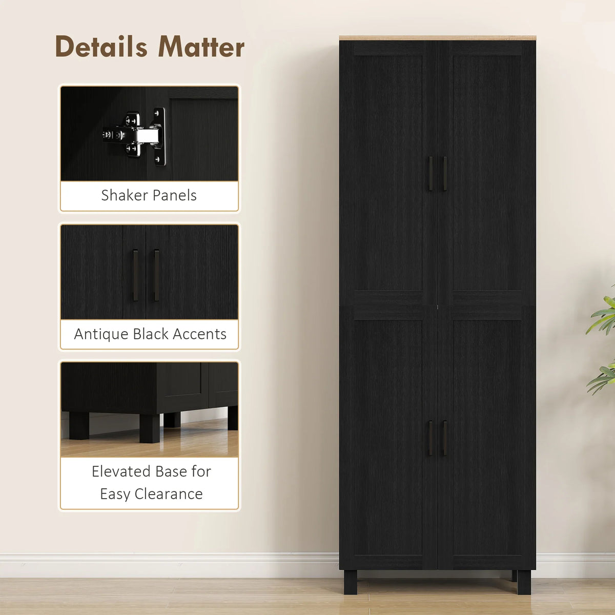 Black cabinet with shaker-style panels and elevated base for easy cleaning