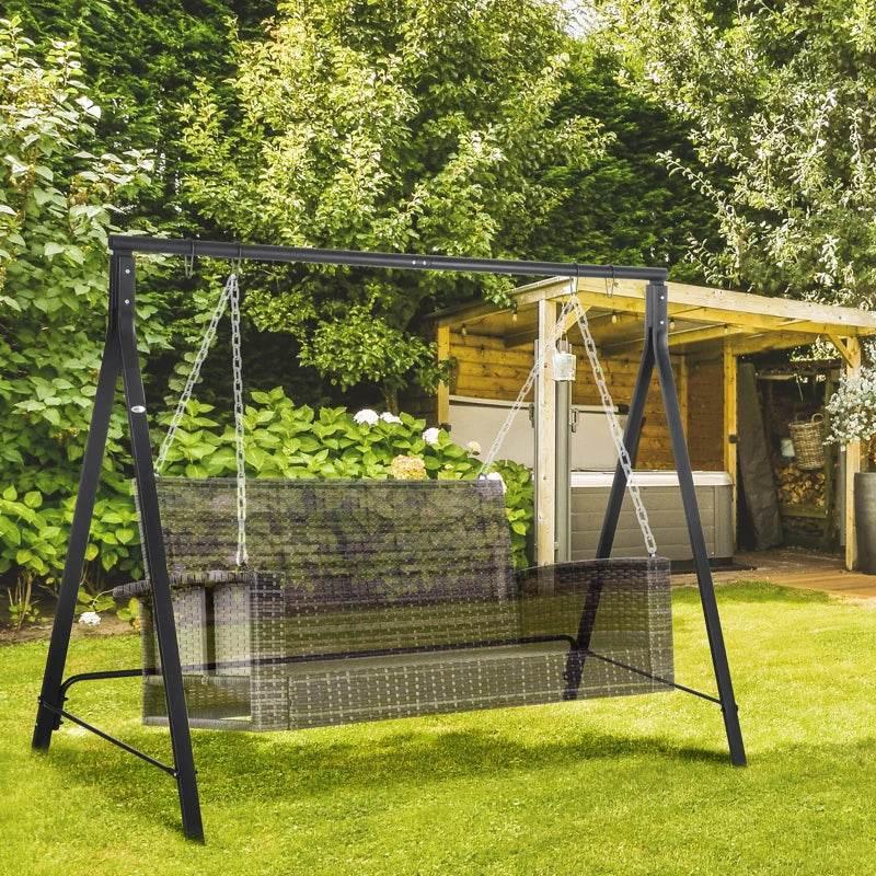 Black outdoor A-frame multi-swing seat frame with chain-hung 2-seat bench