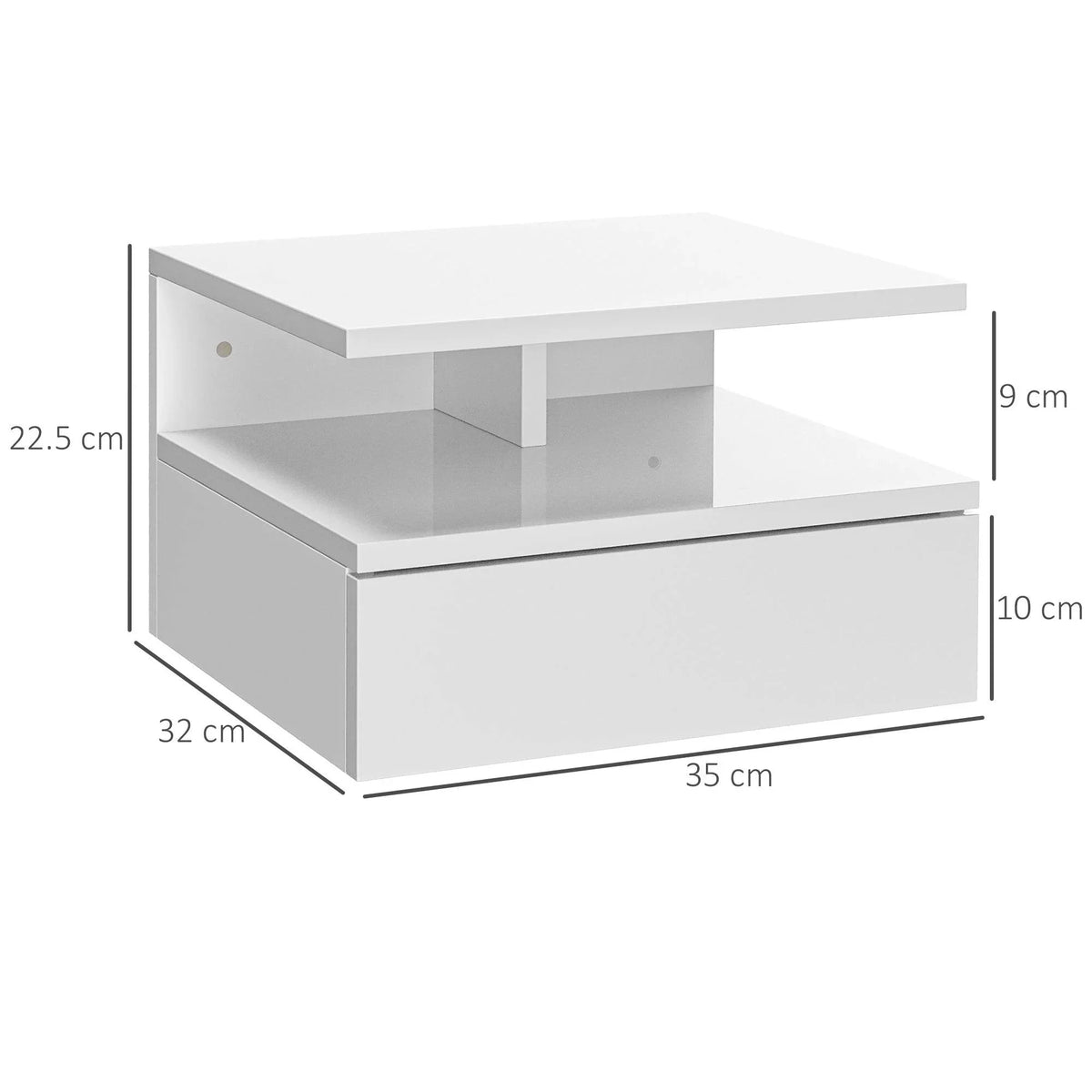 White floating nightstand with open shelf and drawer, shown with dimensions
