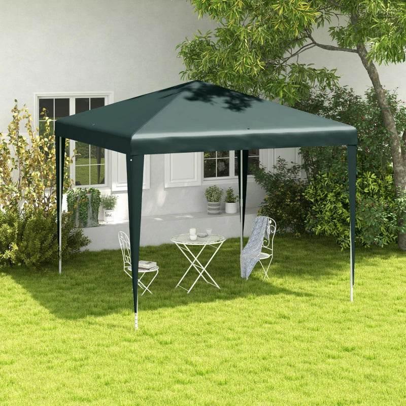 Dark green gazebo canopy with open sides and metal support legs