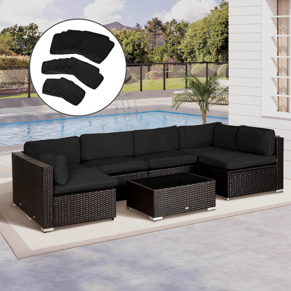 Black outdoor rattan sofa cushion cover set, polyester replacement covers (covers only).