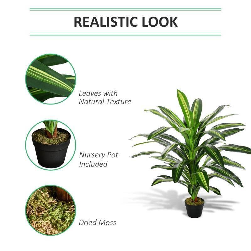 Artificial dracaena tree with textured green leaves in a black pot