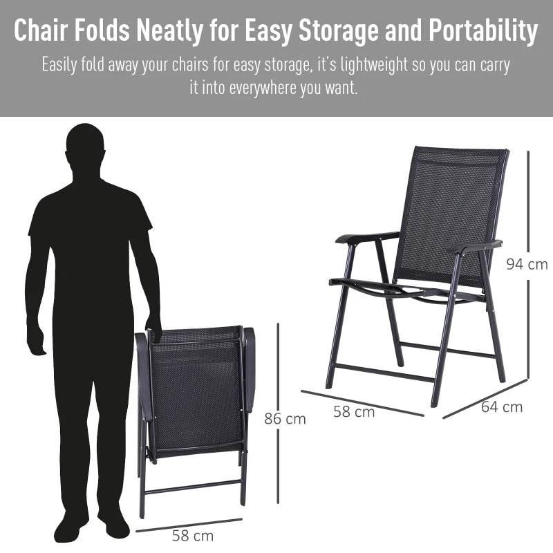 Black folding patio armchair with mesh seat and back, designed for easy storage