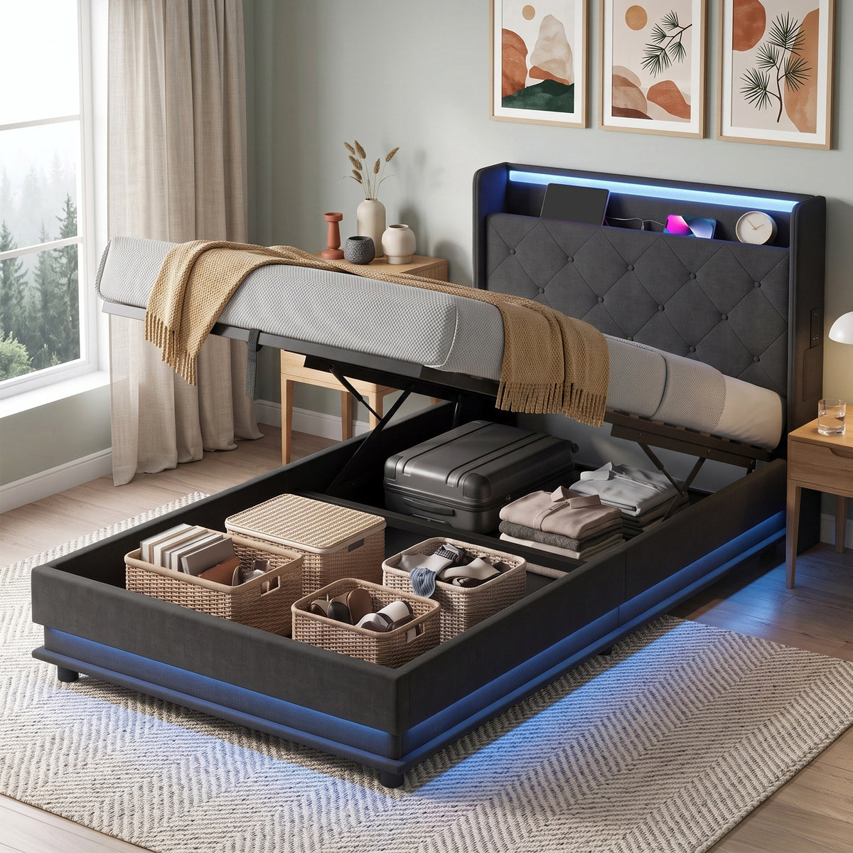Homcom 3Ft Single Bed Frame With Hydraulic Storage And Led Lights Black
