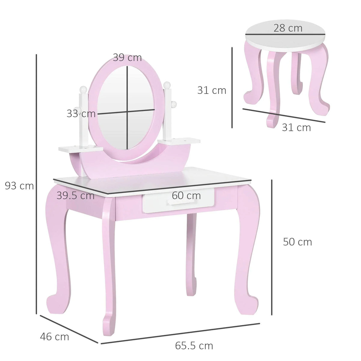 Pink kids vanity table with round mirror, curved legs and built-in drawer, 60 cm width