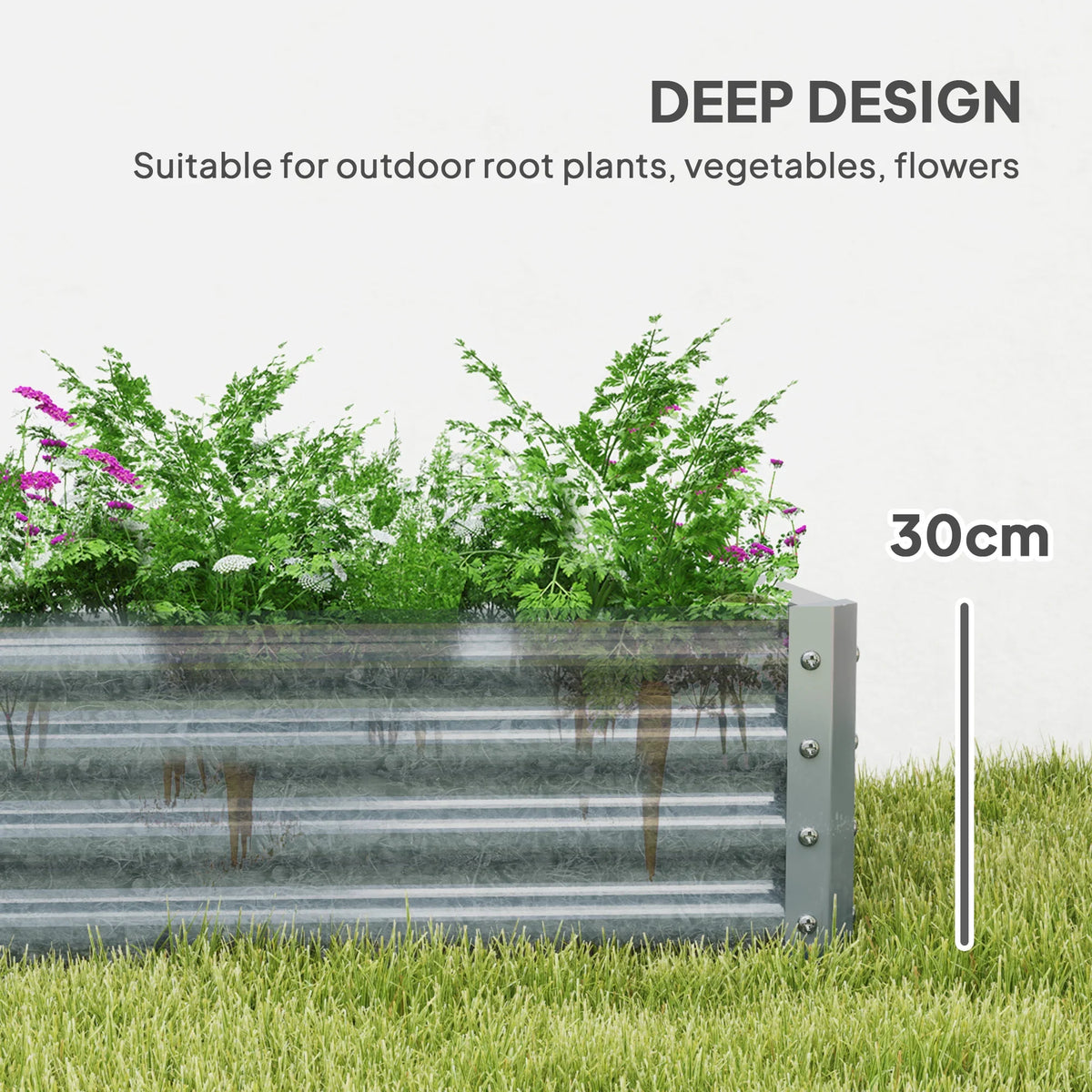 Grey galvanised steel planter with open base and deep 30cm side walls