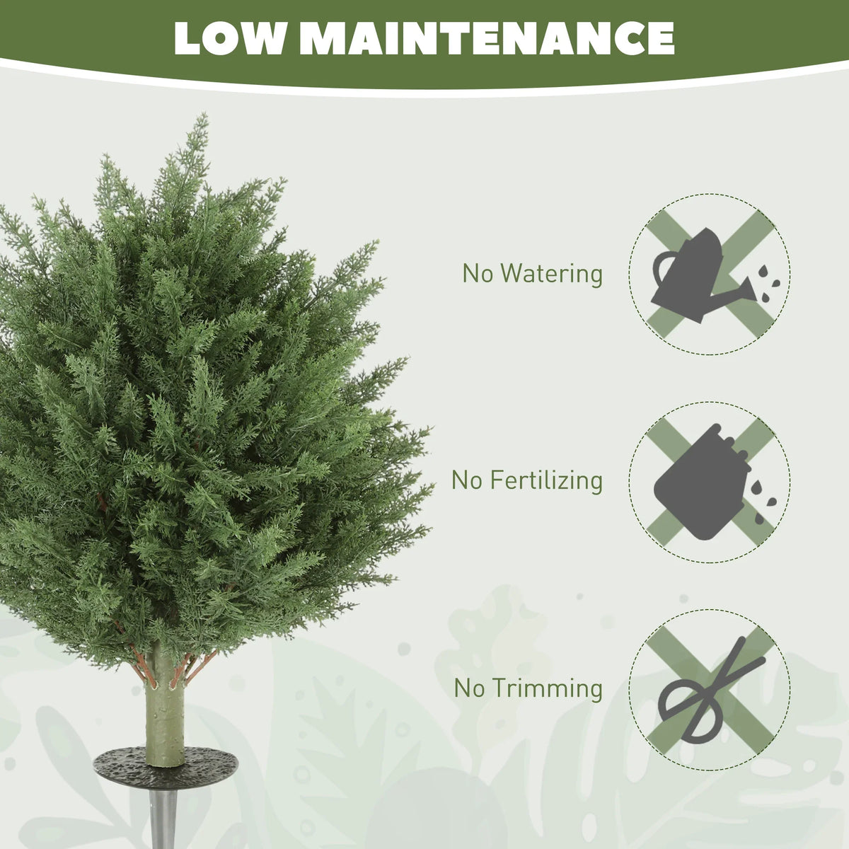 Green artificial cypress topiary tree on stake with dense foliage