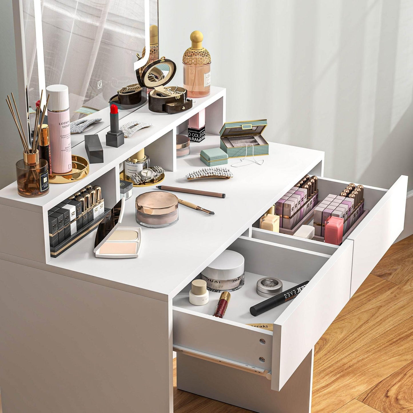 LED-Illuminated Vanity Table with Mirror and Storage, Modern Makeup Dresser for Women and Girls, White - ALL4U RETAILER LTD