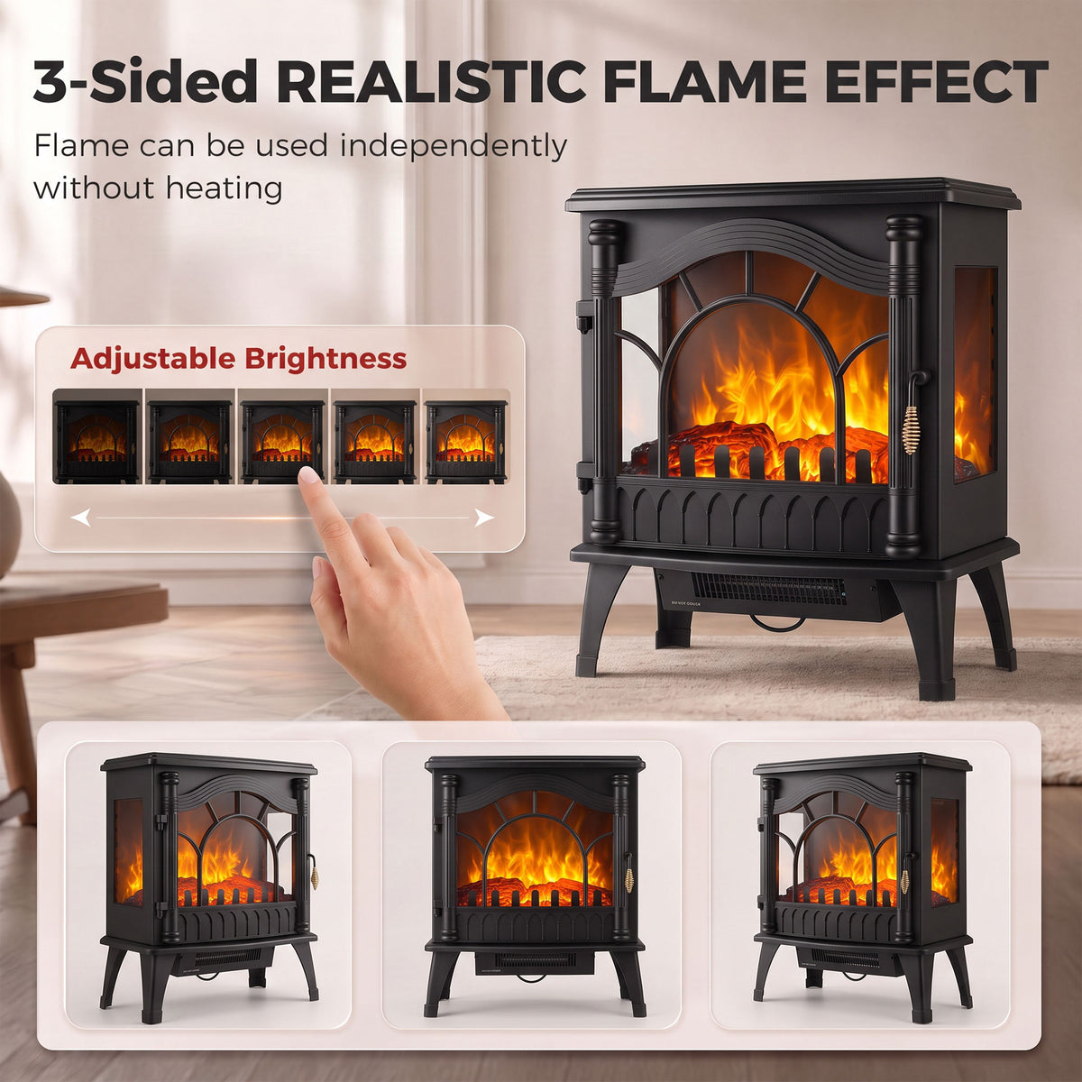 Black 3-sided glass electric fireplace stove with realistic flame effect, on