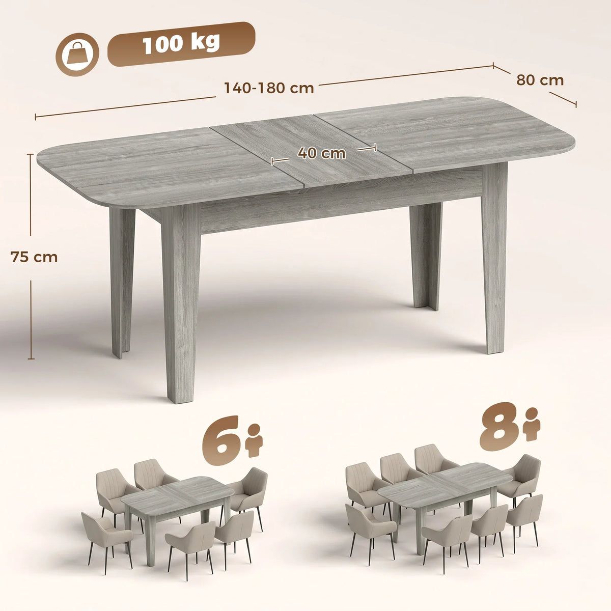 Grey wood-effect extendable oval dining table with dimensions and seating for 6 to 8 people.