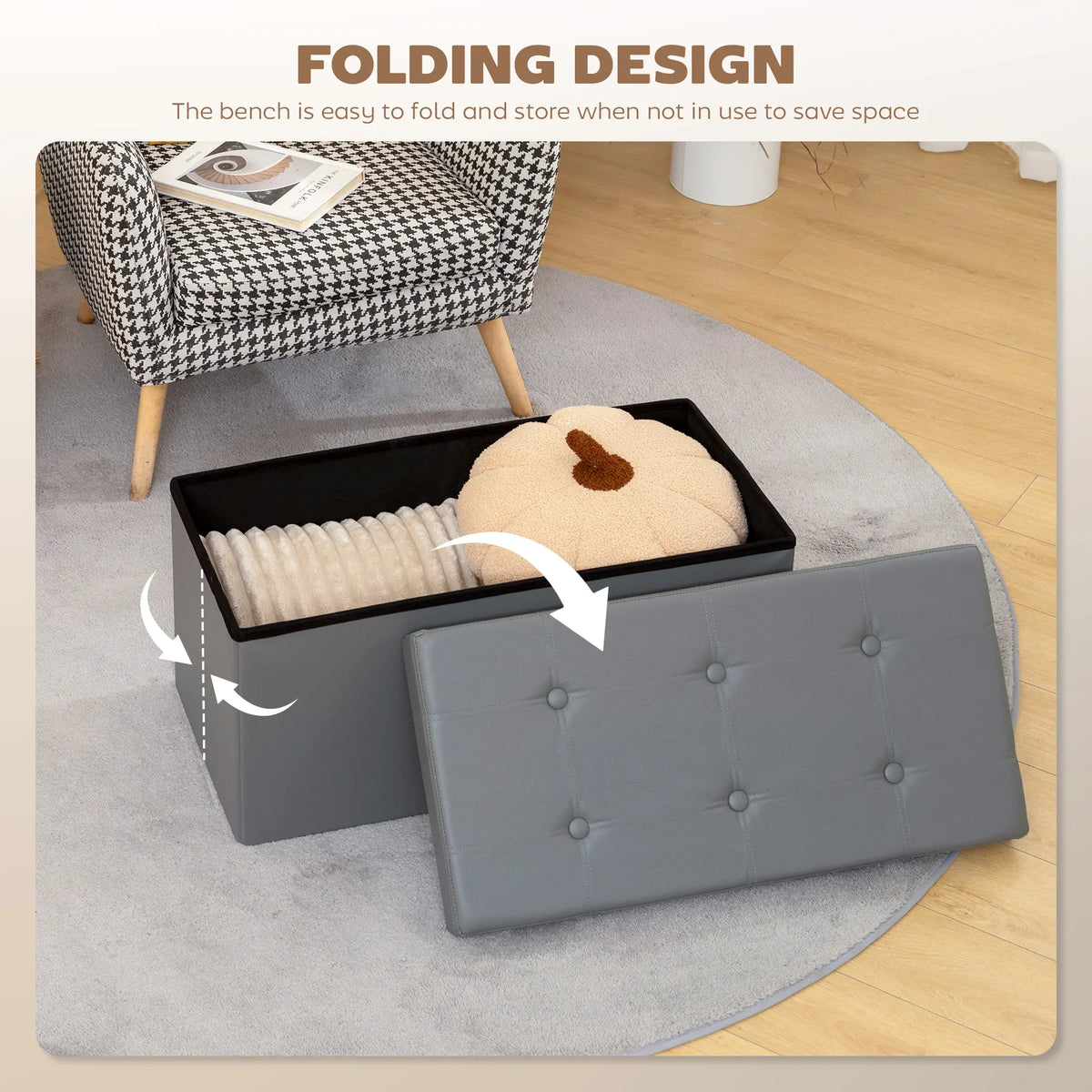 Grey PU storage ottoman bench with folding design, open interior for blankets or books