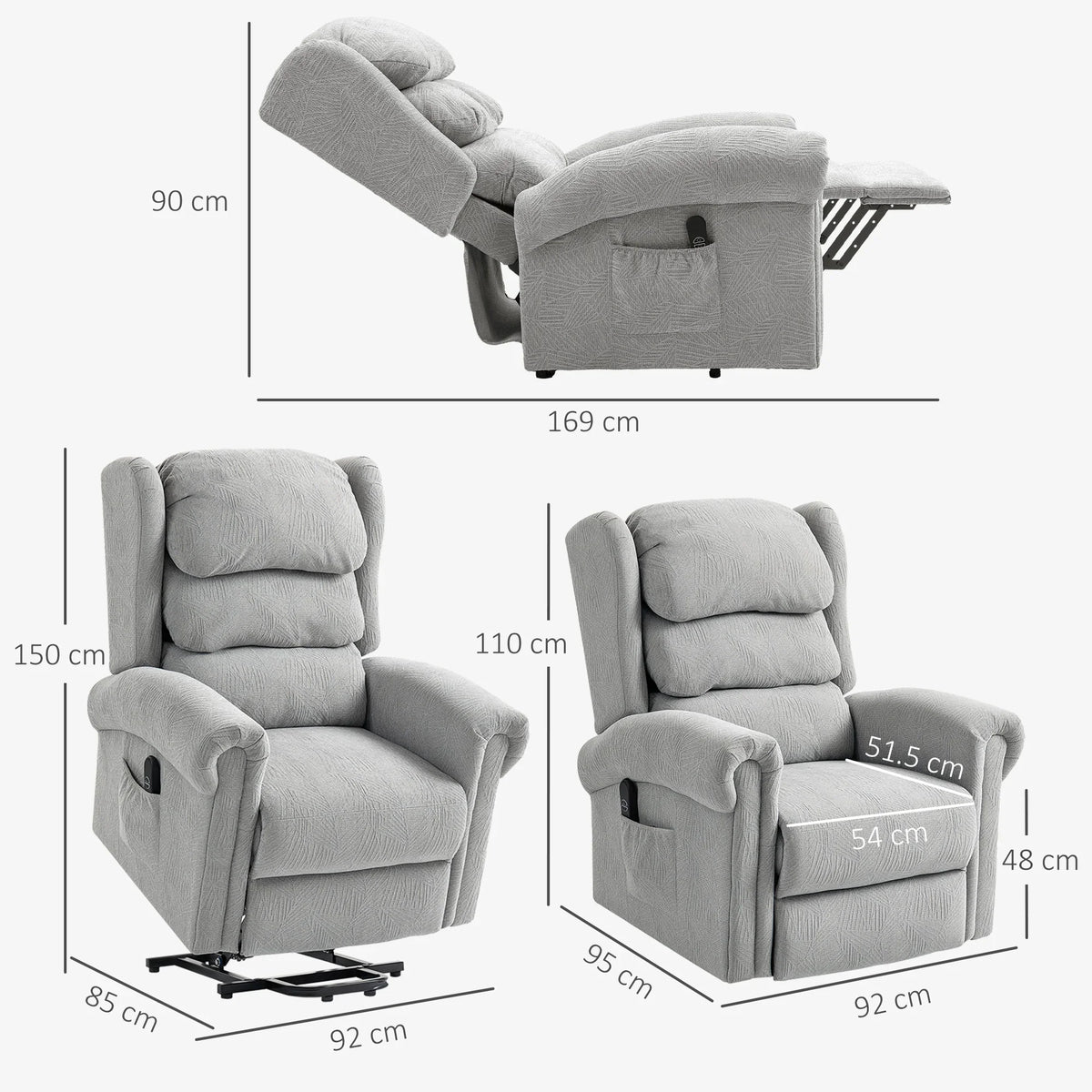 Grey electric recliner chair shown from multiple angles with arm and footrest