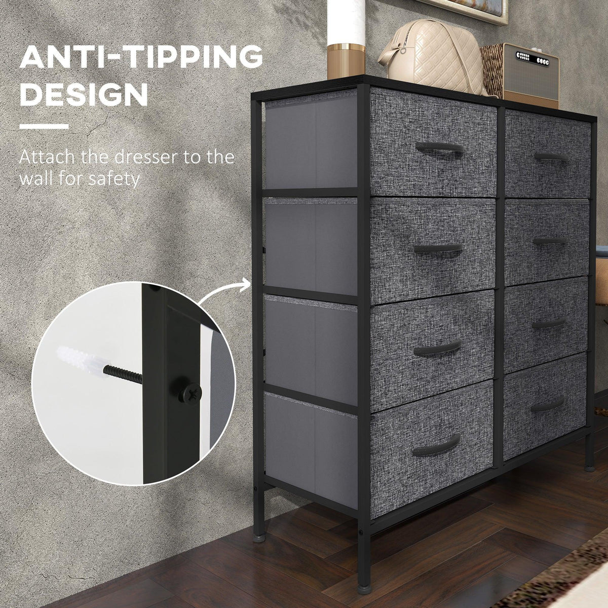 Black frame fabric drawer dresser with anti-tip strap and side compartment opening