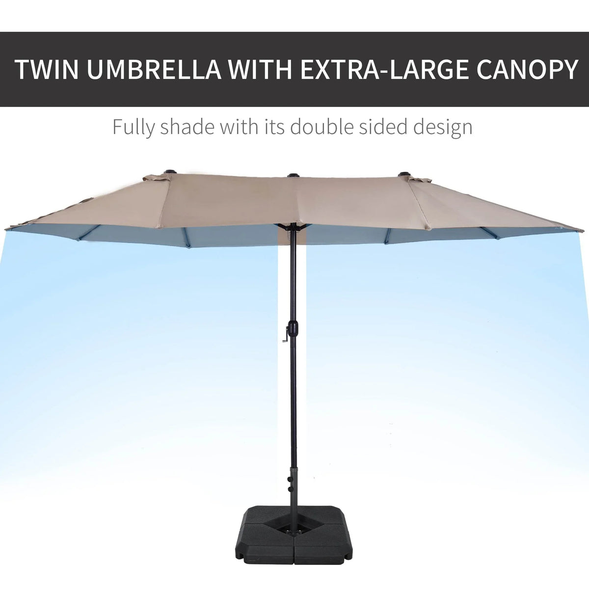 Tan double-canopy garden umbrella with central pole and square base