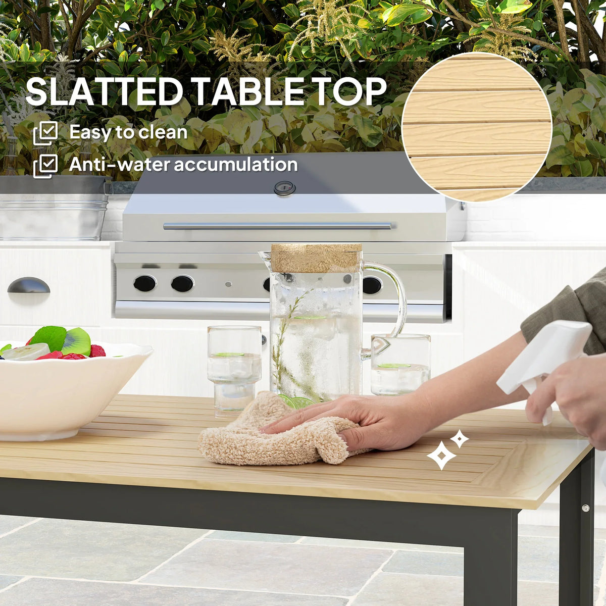 Slatted teak-colored tabletop on an outdoor dining table with black metal frame.