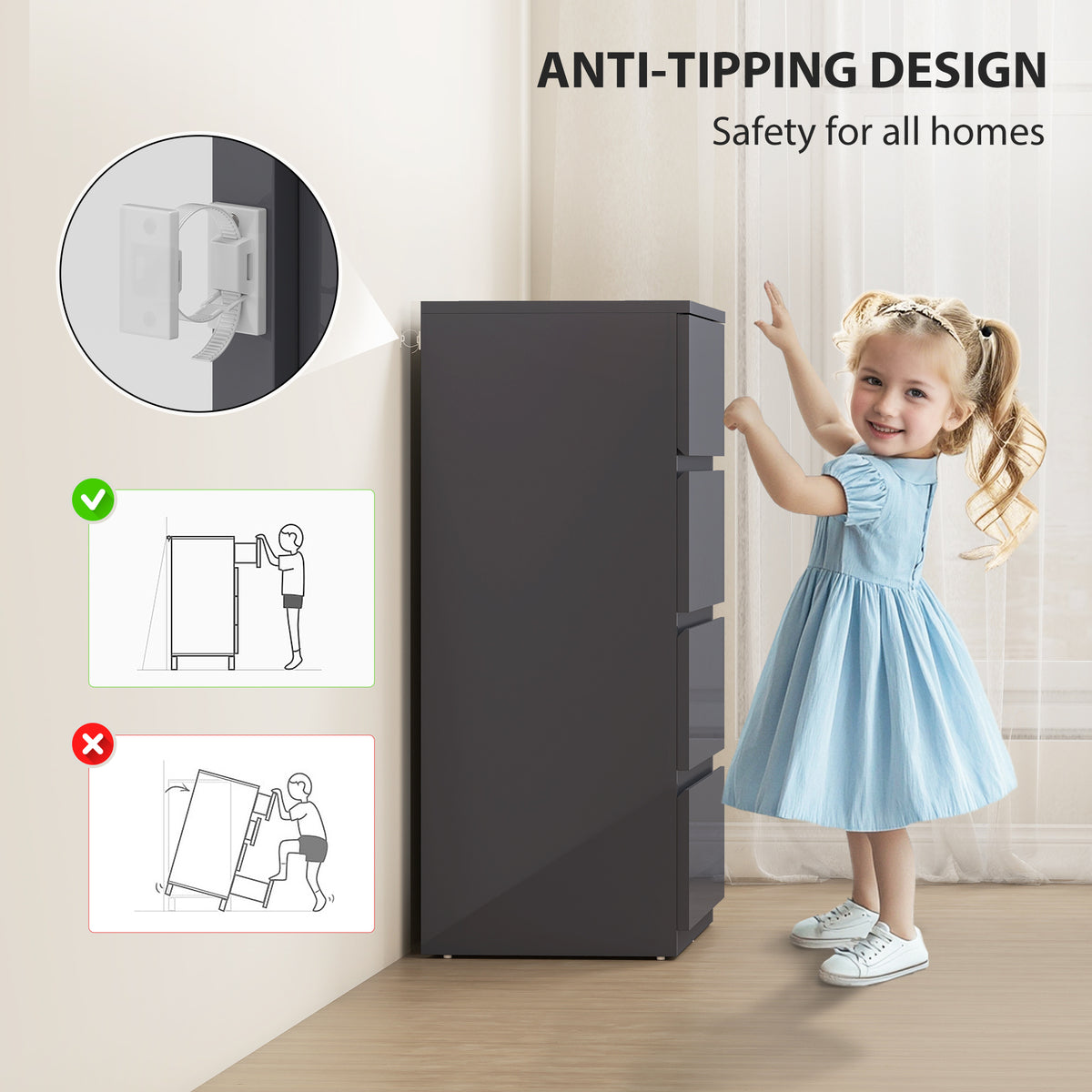 Grey high-gloss 4-drawer cabinet with safety latch detail near the side panel