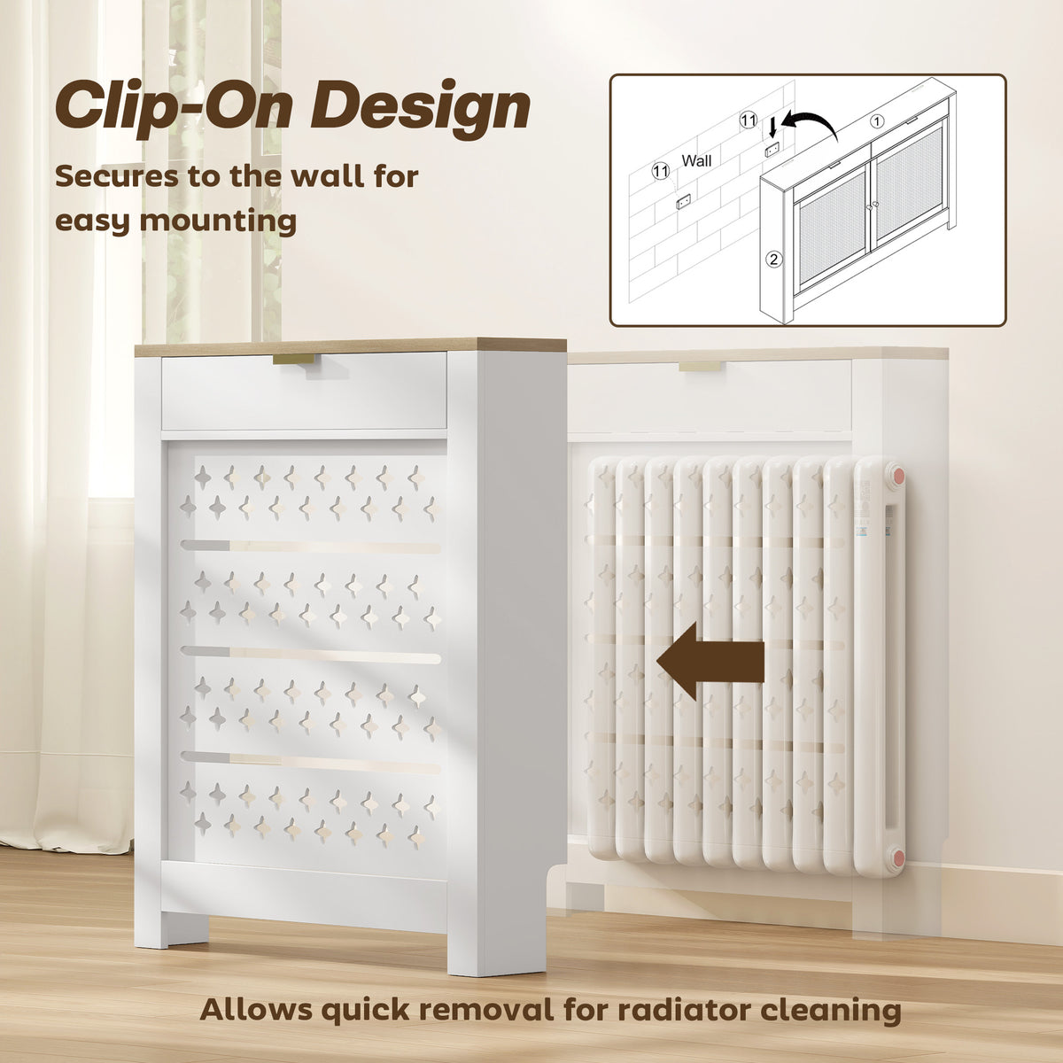 Wall-mount radiator cover with flip door open for access; shows secure fastening