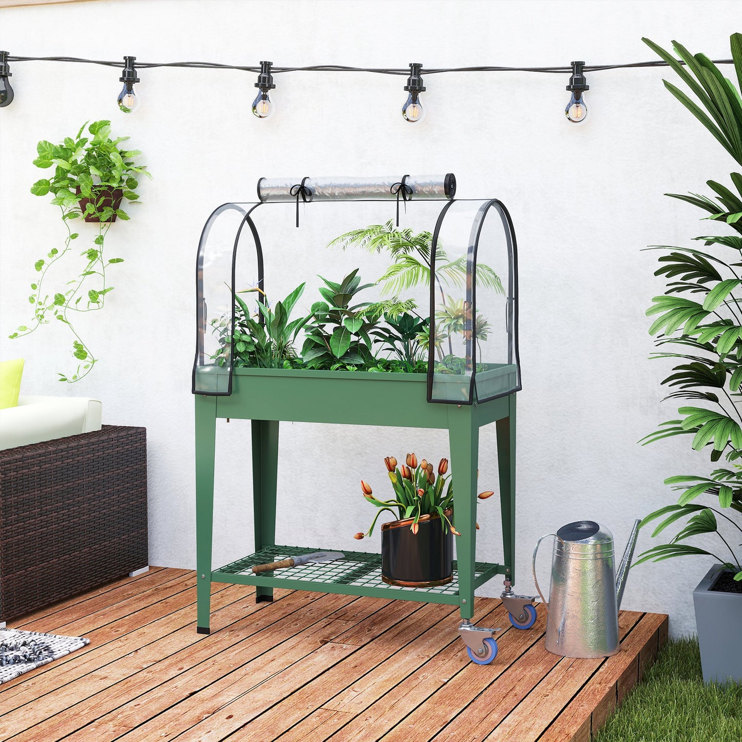 Outsunny Raised Planter With Greenhouse Cover Mobile Elevated Garden Bed On Wheels Bottom Shelf For Vegetables Green