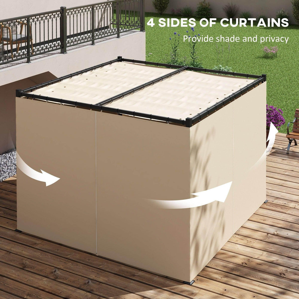 Pergola with beige retractable canopy top and hanging curtains forming four side panels