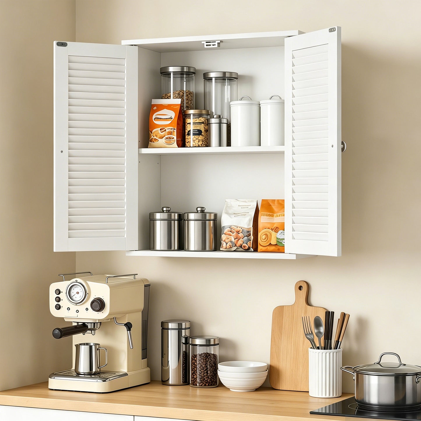 HOMCOM White Bathroom Wall Cabinet With Louvered Doors And Adjustable Shelf For Bathroom Storage
