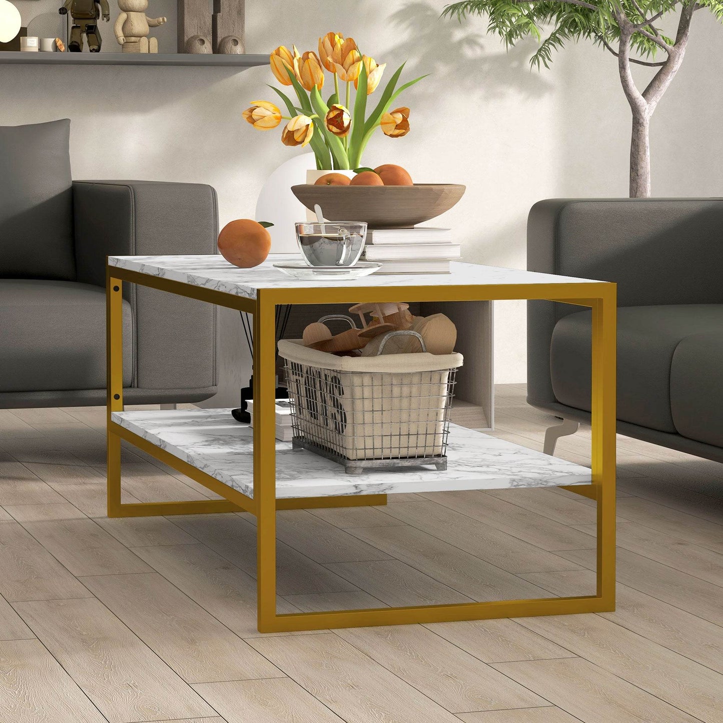 HOMCOM Modern Marble-Effect Two-Tier Coffee Table with Metal Frame and Storage Shelf in White - ALL4U RETAILER LTD