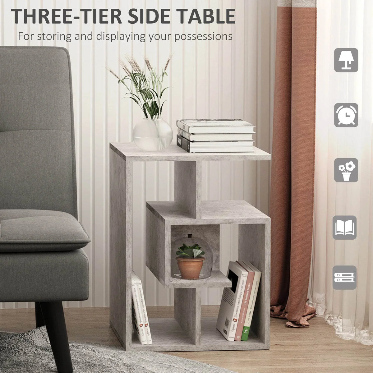 Cement-finish 3-tier side table with open storage shelves and top surface