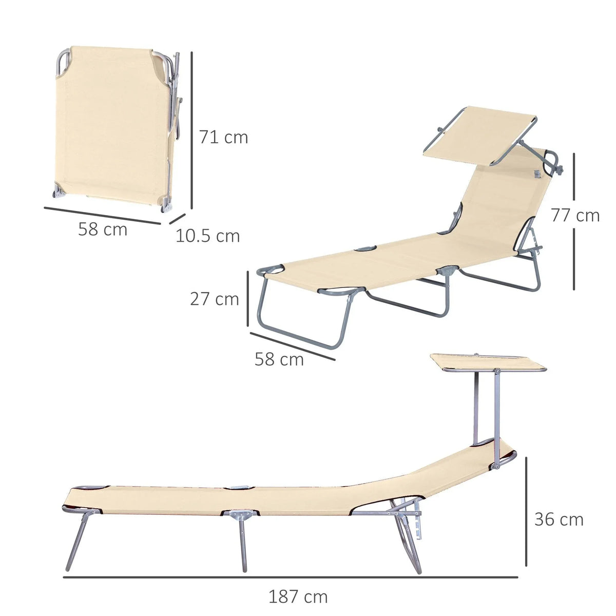 Beige adjustable folding sun lounger with padded seat and metal legs