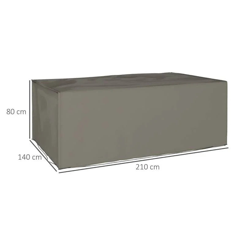 Grey patio furniture cover, 210 x 140 x 80 cm dimensions shown on rectangular shape
