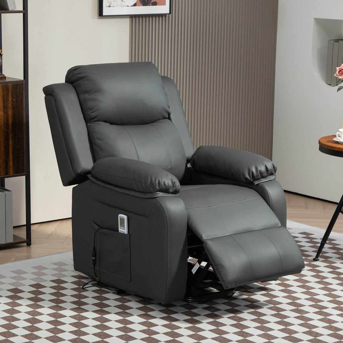 Dark grey power lift recliner chair upright with extended footrest and side storage pocket