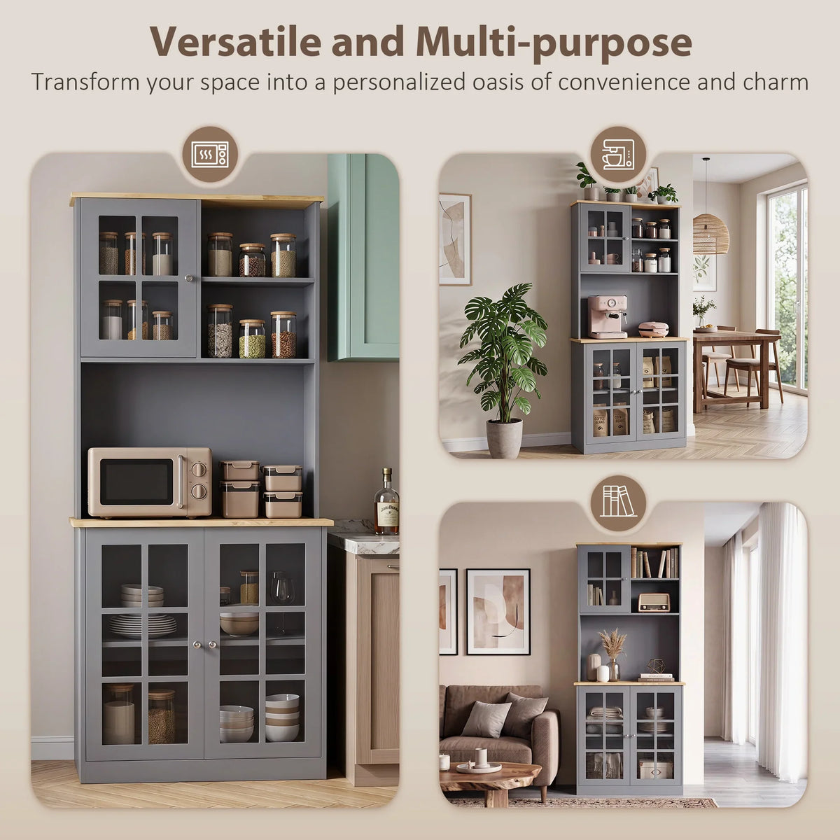 Grey kitchen hutch with open shelves and cabinet storage, shown in multiple uses