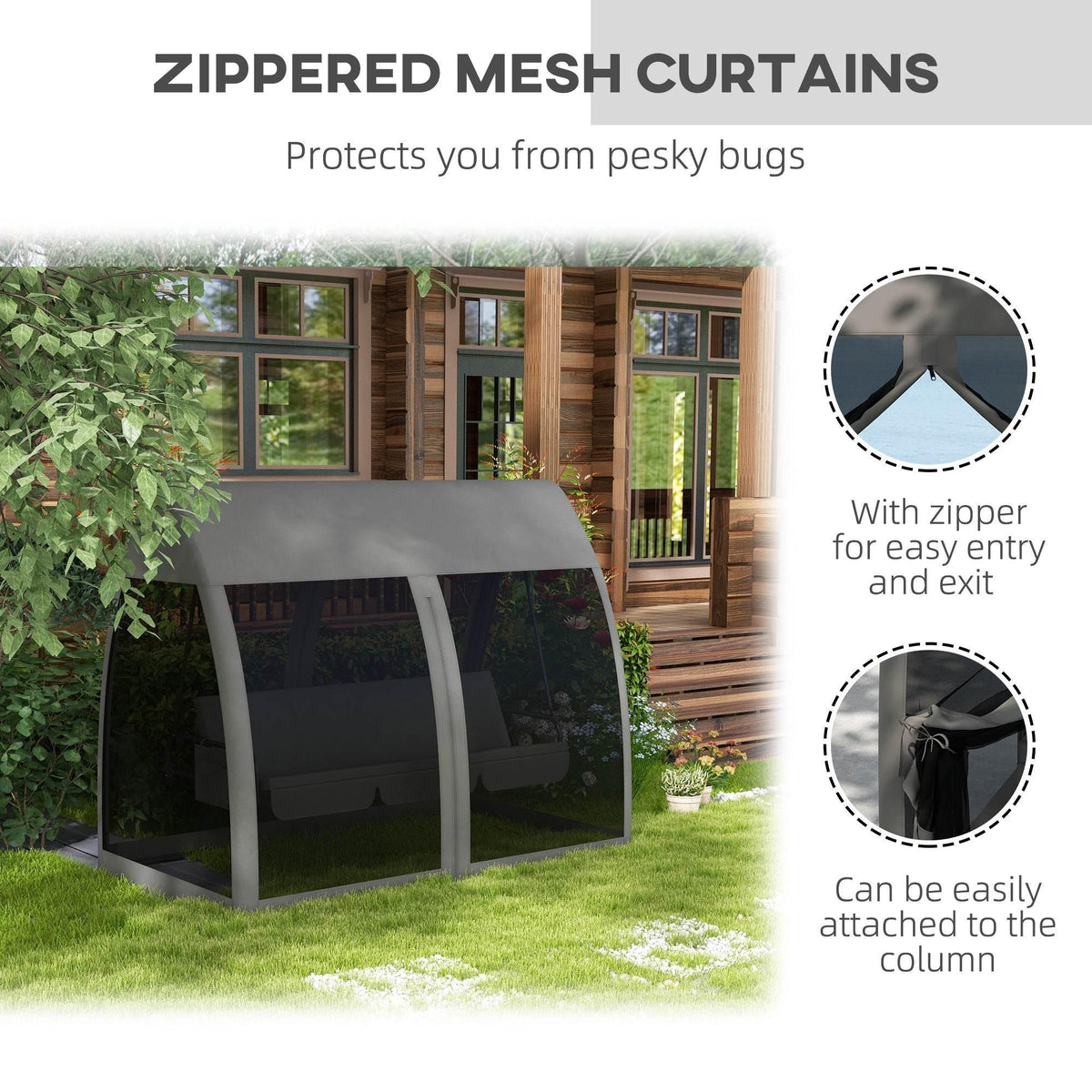 Grey swing chair with zipped mesh curtains for insect protection and easy entry