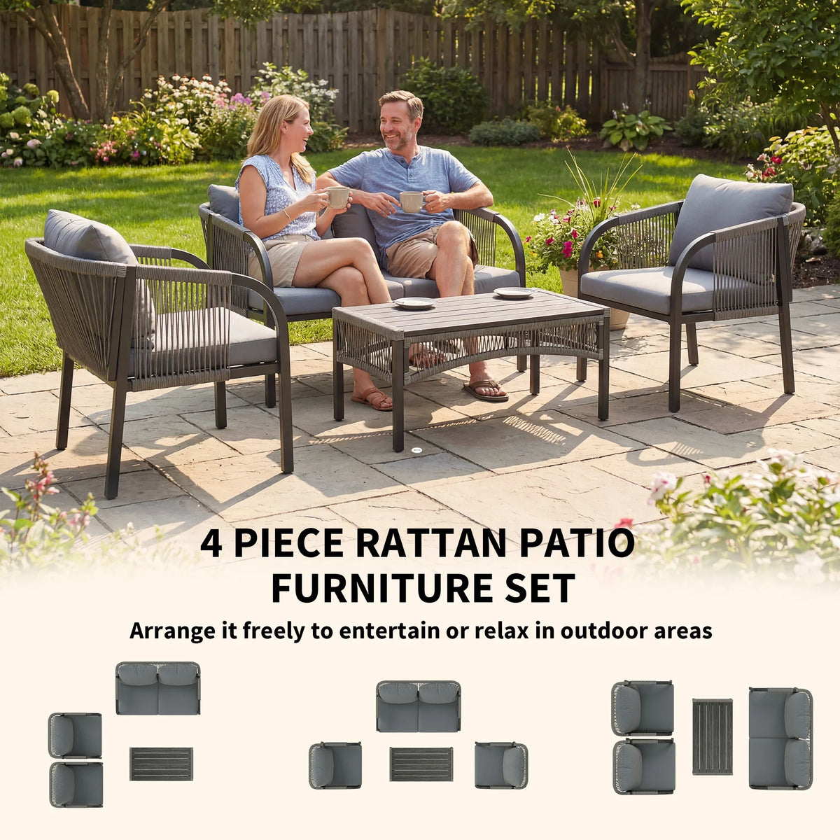 Grey patio conversation set with loveseat, two armchairs, and rectangular coffee table