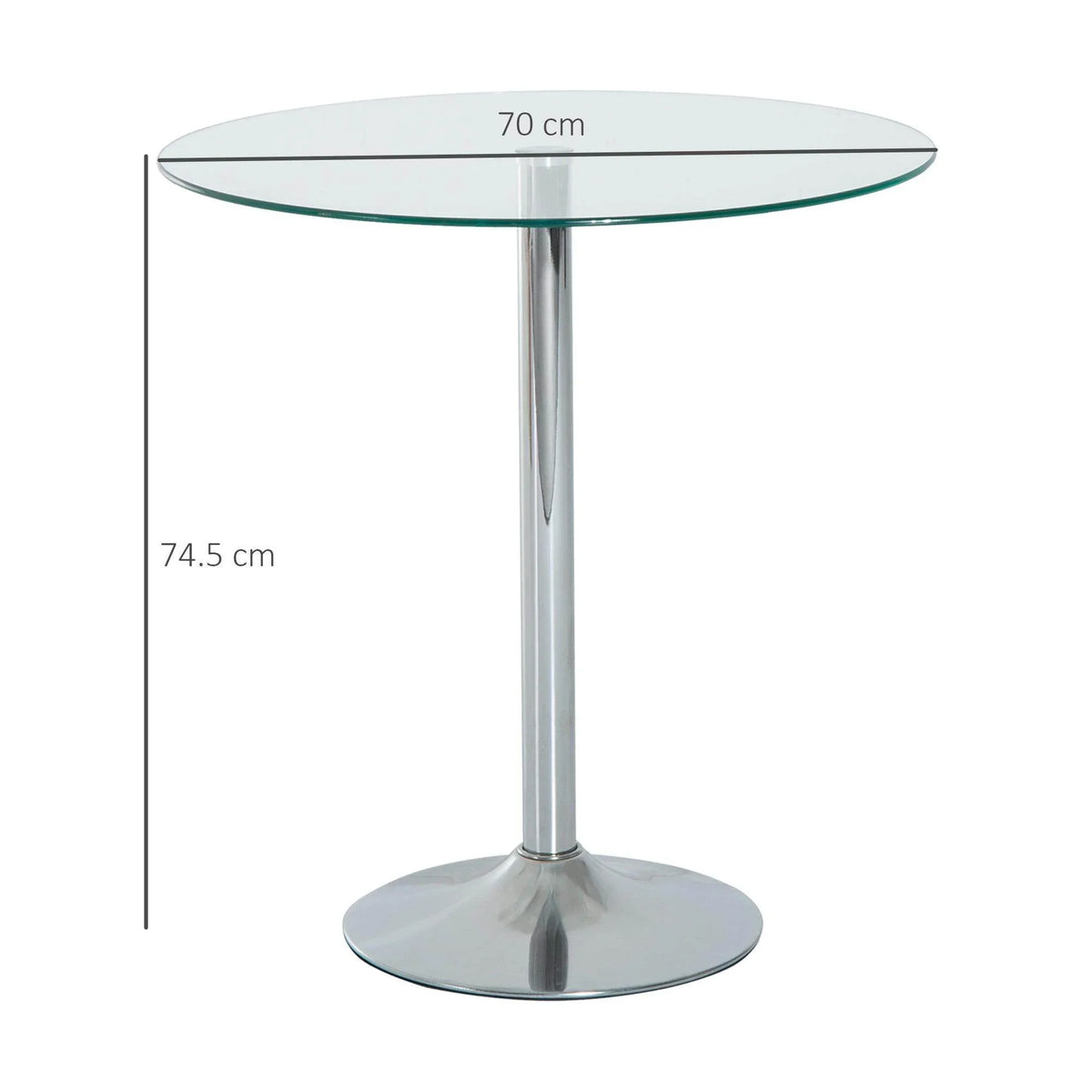 Small round glass table with clear top, 70 cm diameter, and chrome pedestal base.