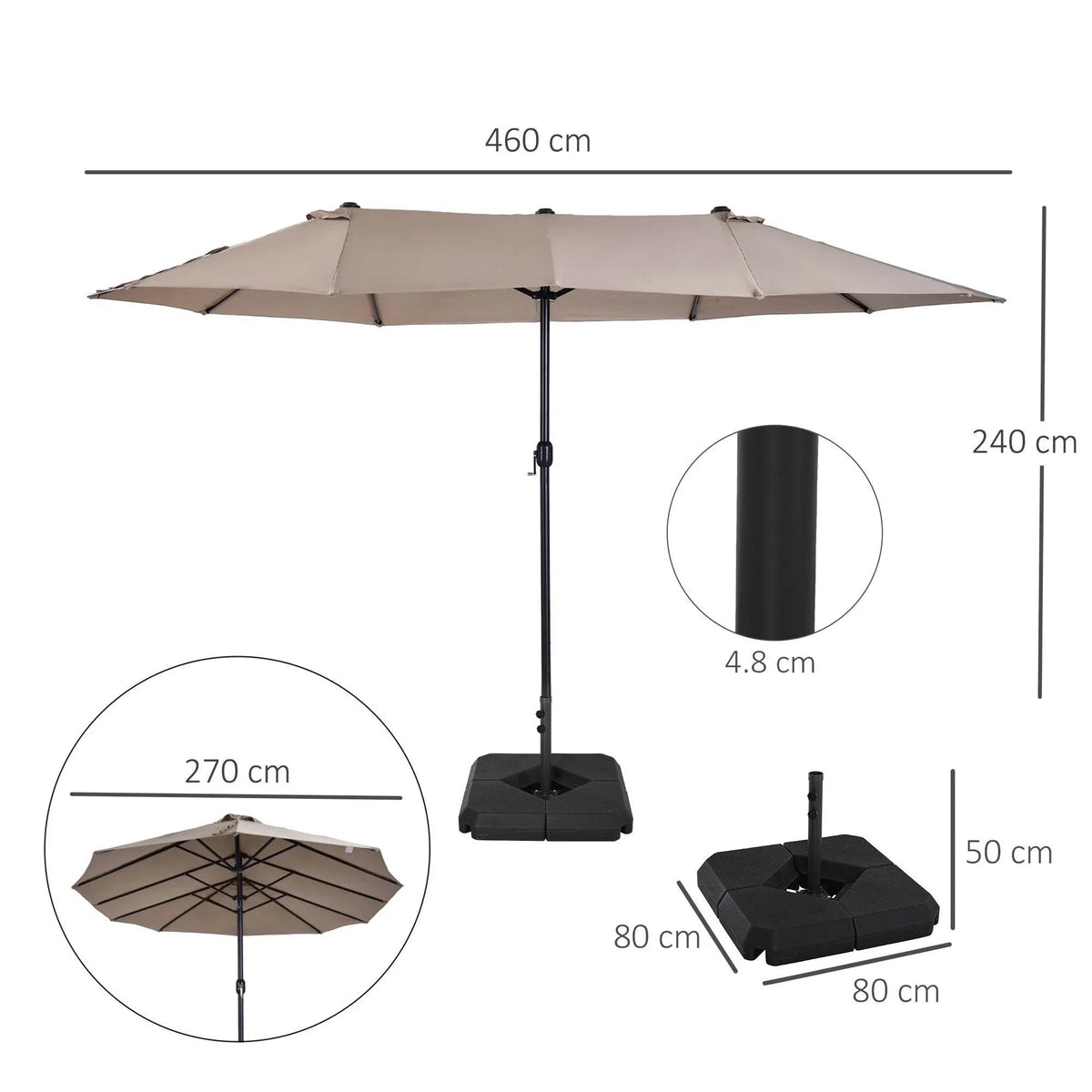 Illustrated tan double-canopy garden umbrella with base and size measurements