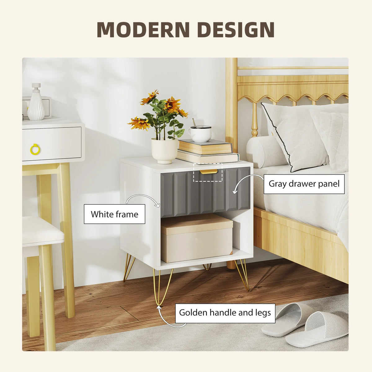 White nightstand with gray drawer panel, gold handle, and gold tapered legs