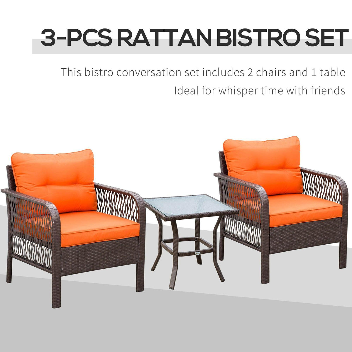 3-piece outdoor bistro set: two orange cushioned chairs and a square top table