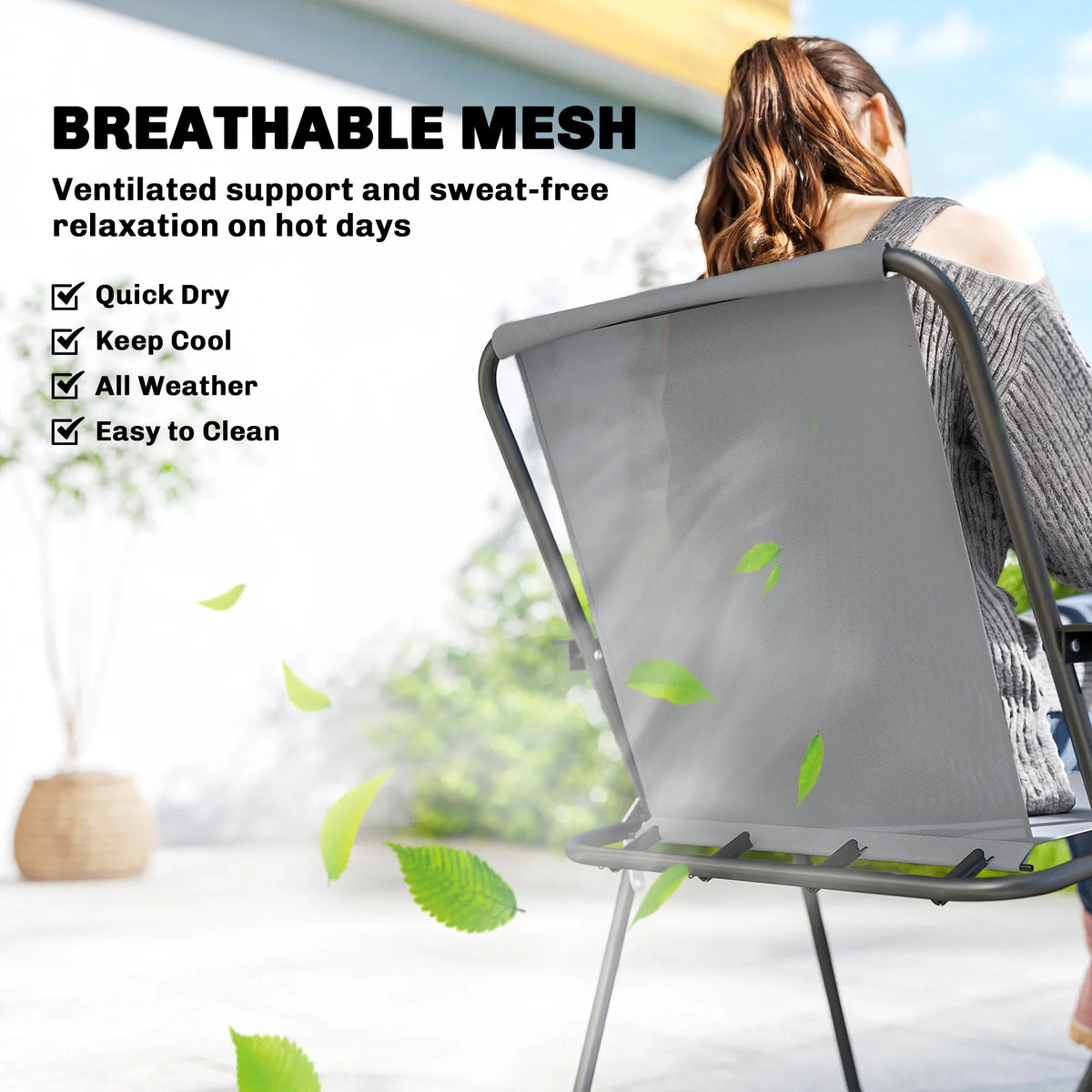 Grey folding patio chair with breathable mesh backrest and armrests