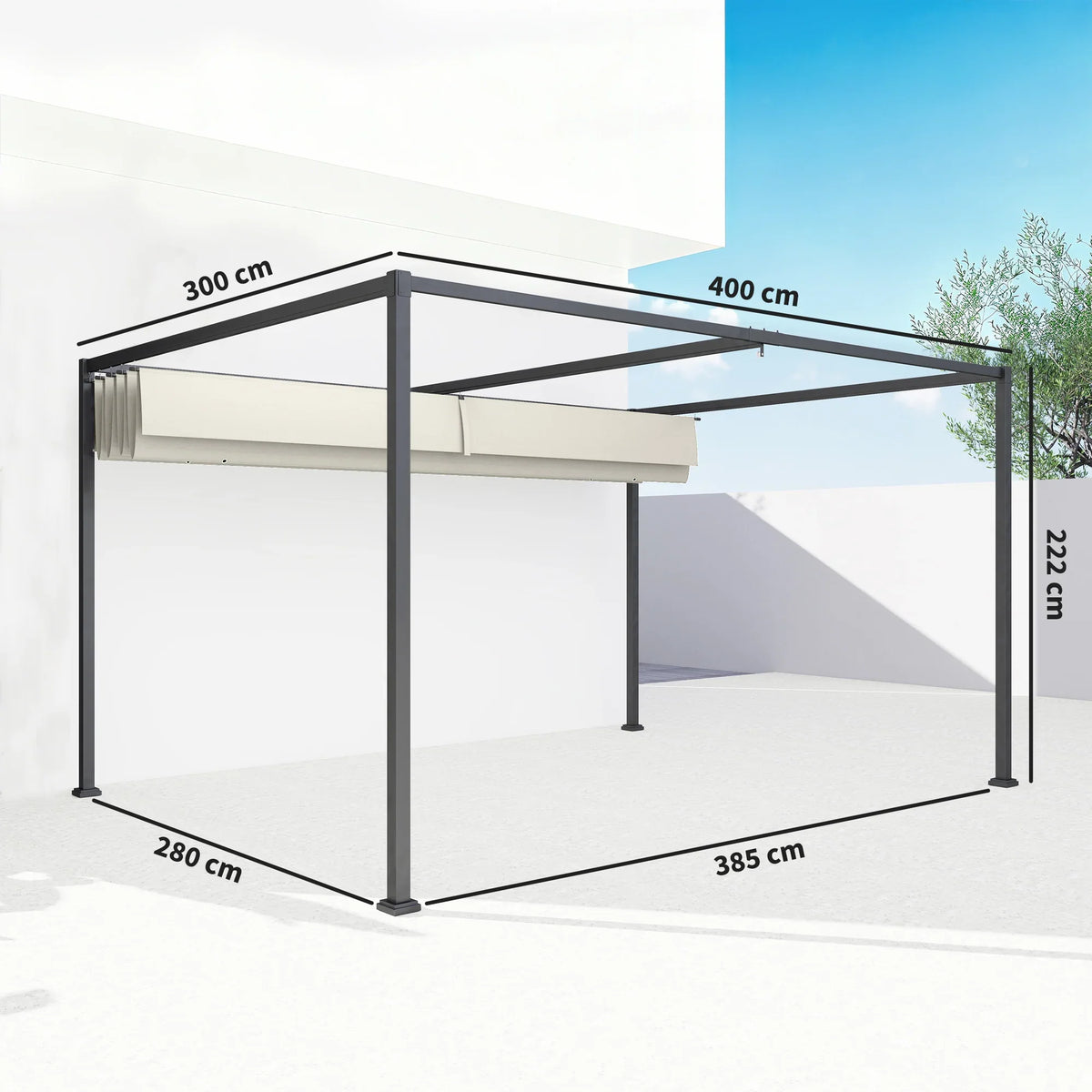 Rectangular metal pergola with retractable canopy in cream, black frame, side view