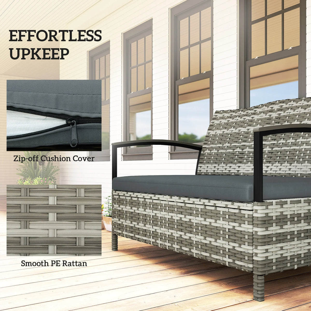 Dark grey rattan storage bench with zip-off style cushion cover and padded seat.