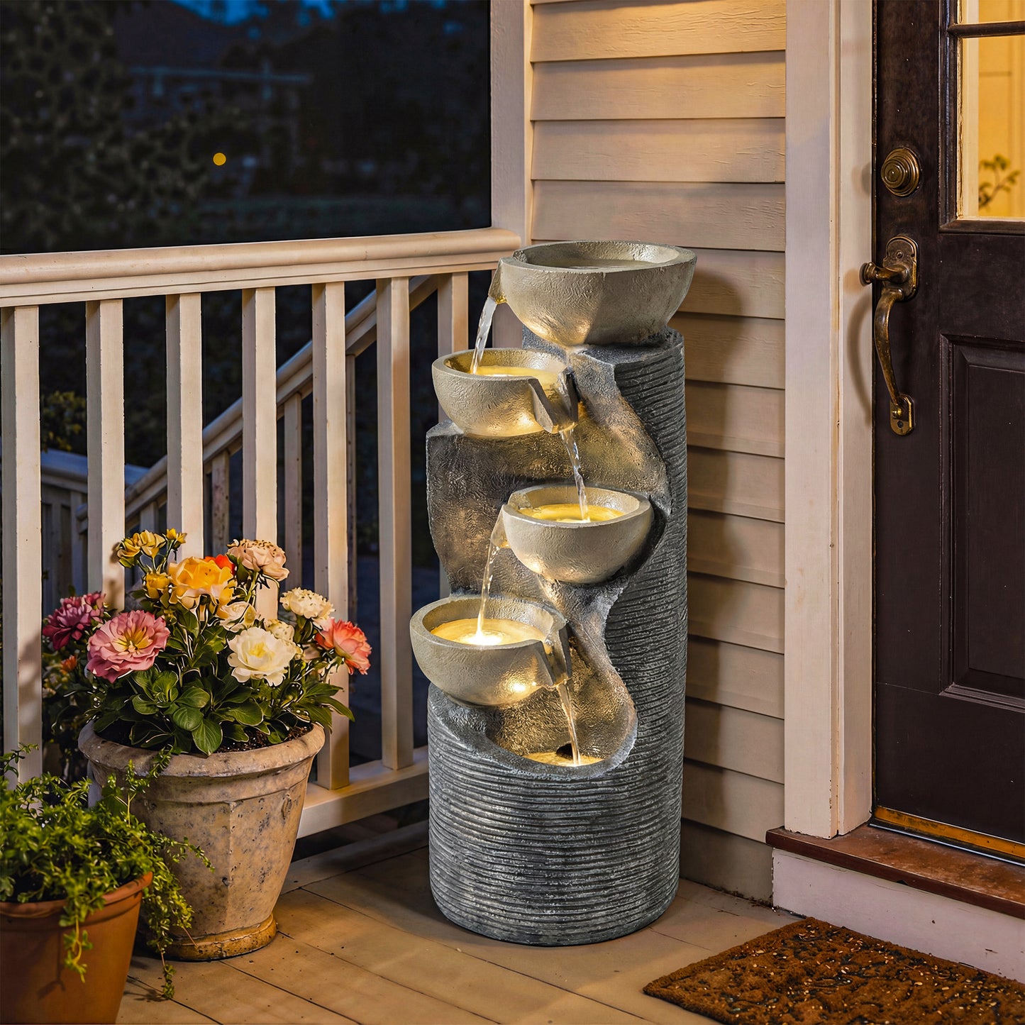 Outsunny Garden Water Feature Outdoor Water Fountain With LED Lights And Pump Five Tier Cascading Waterfall For Indoor