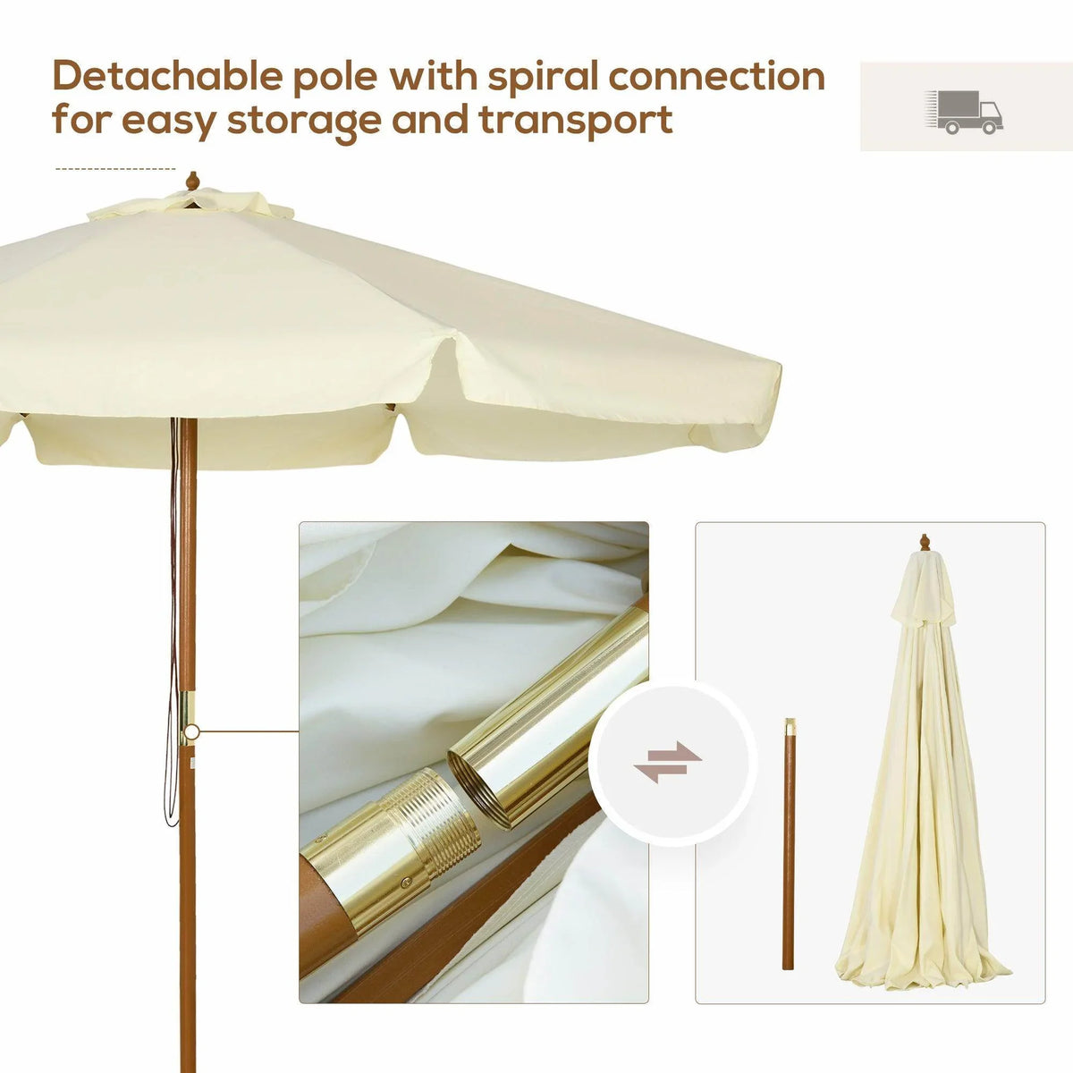 Beige patio umbrella with detachable spiral pole and ruffled canopy, close-up inset details.