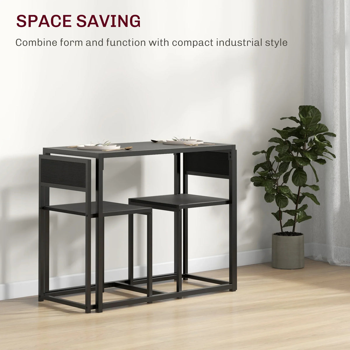 Black compact dining table with two open-back chairs