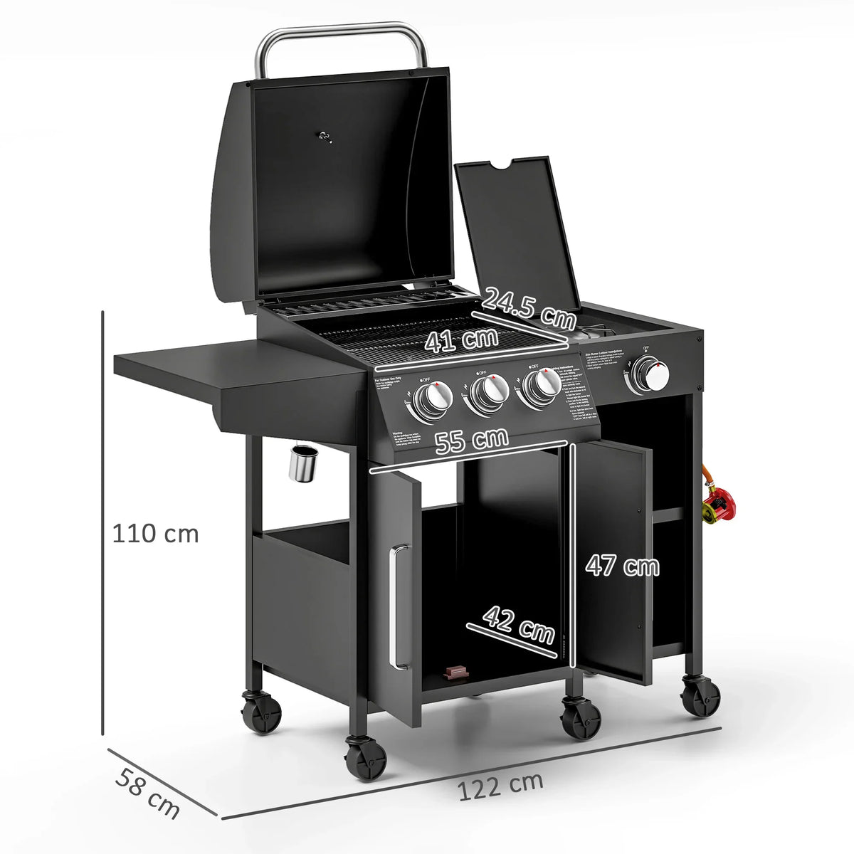 Black 3+1 burner gas BBQ grill with side shelf and open storage, on 6 caster wheels
