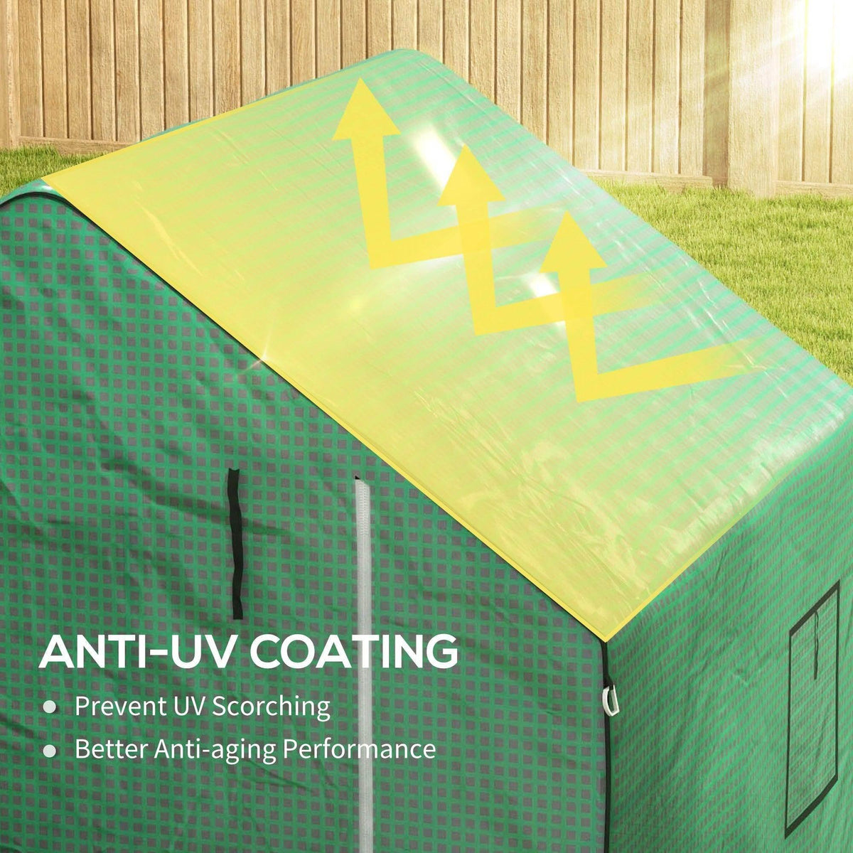 Green PE greenhouse cover with angled roof and anti-UV coating detail