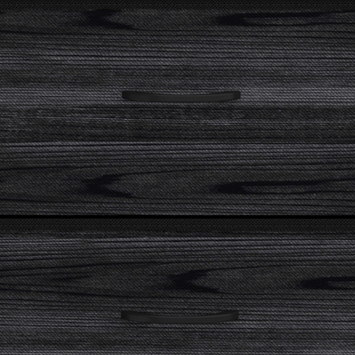 Close-up of black fabric dresser drawer fronts with horizontal handles