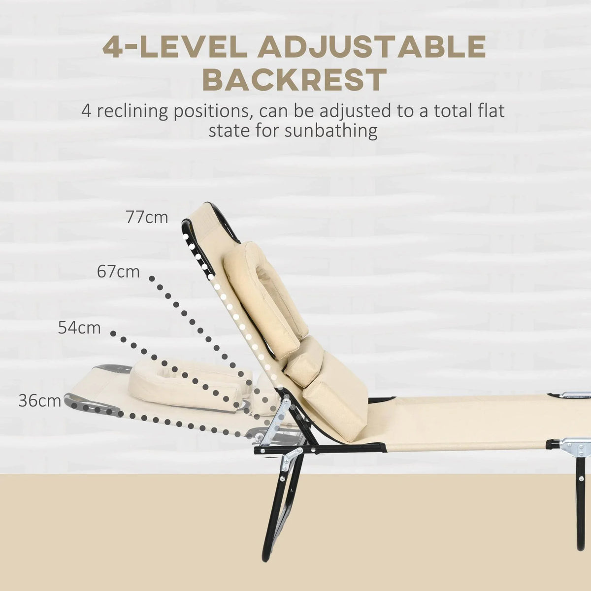 4-level adjustable backrest on beige reclining lounger, black frame with locking lever