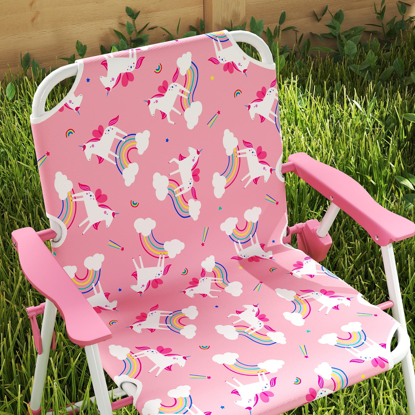AIYAPLAY Kids Patio Table And Chair Set With Umbrella Pink Unicorn Themed Garden Furniture 4 Piece Bistro Set