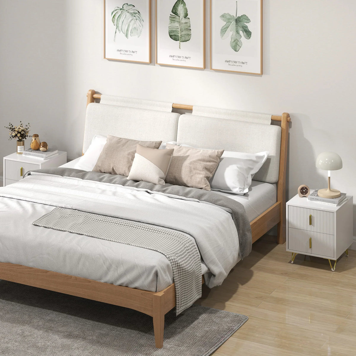 White two-drawer dresser with gold-tone handles, ridged drawer fronts, hairpin legs